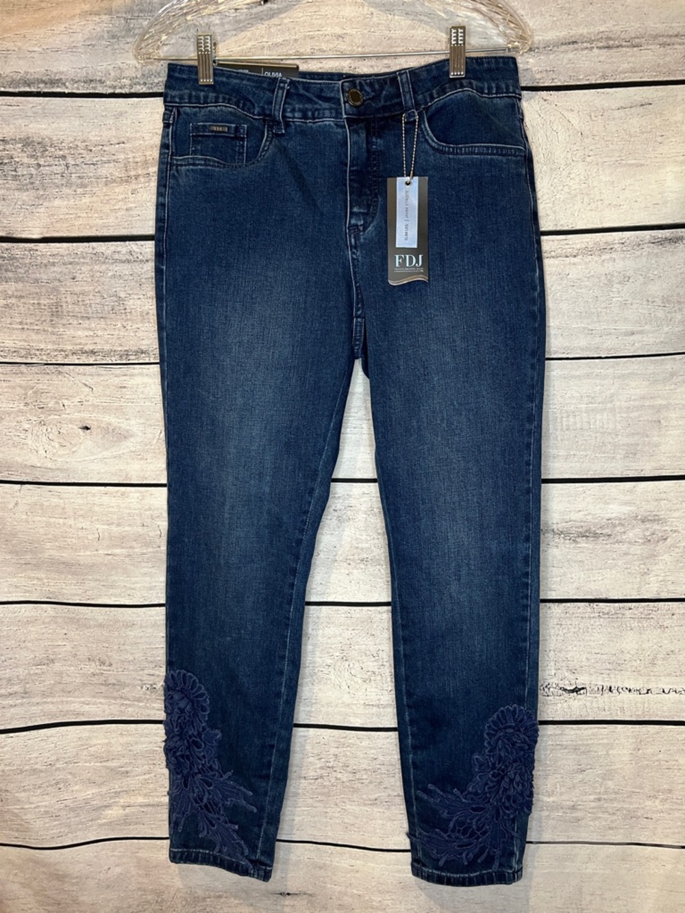 FDJ Olivia Slim Ankle Dark Blue Embroidered Jeans Crochet Lace Flowers